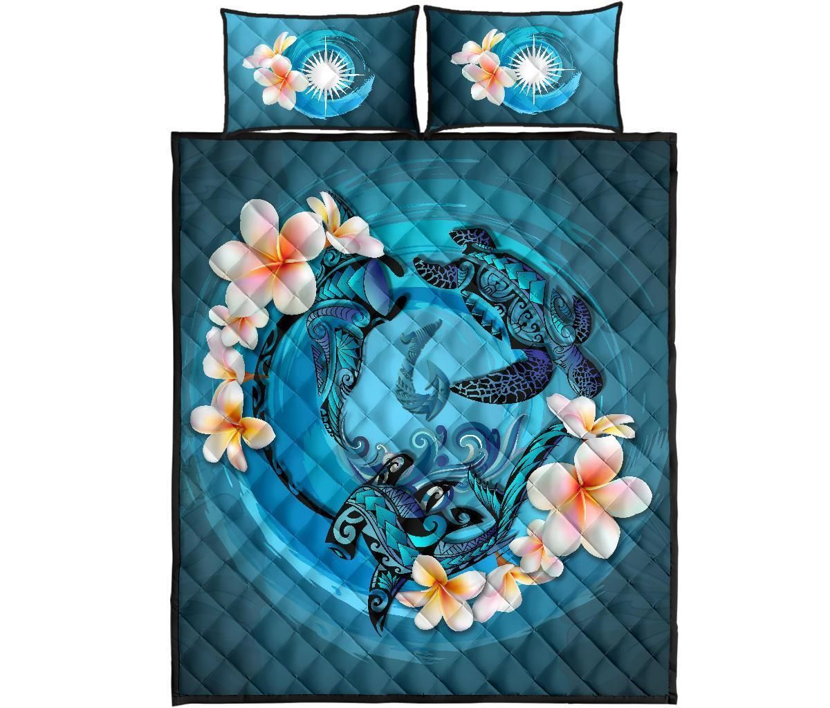 Marshall Islands Polynesian Quilt Bed Set - Blue Plumeria Animal Tattoo