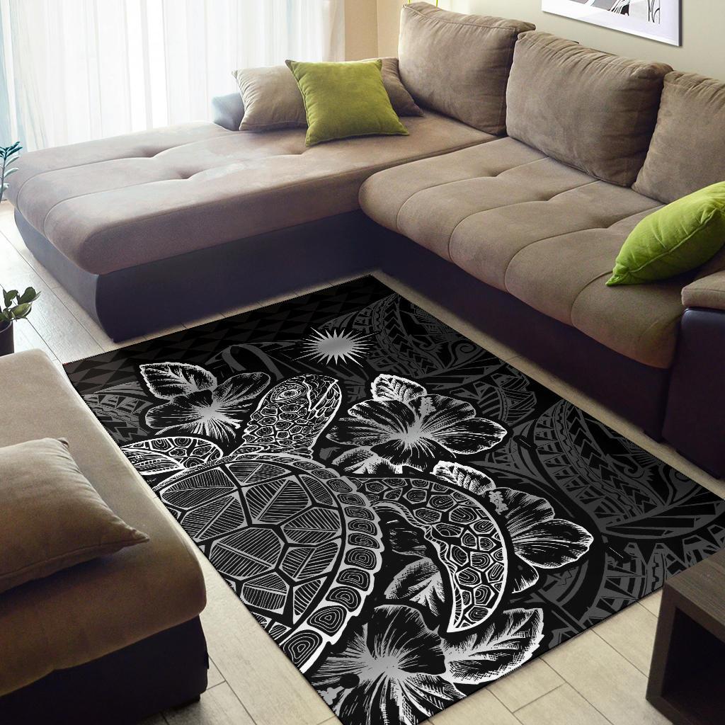 Marshall Islands Area Rugs Turtle Hibiscus Black