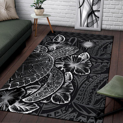 Marshall Islands Area Rugs Turtle Hibiscus Black