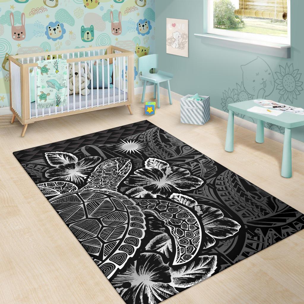 Marshall Islands Area Rugs Turtle Hibiscus Black