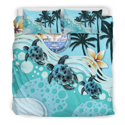 Polynesian Duvet Cover Set - Marshall Islands Bedding Set Blue Turtle Hibiscus