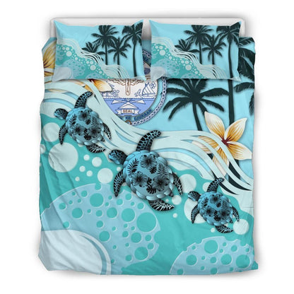 Polynesian Duvet Cover Set - Marshall Islands Bedding Set Blue Turtle Hibiscus