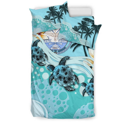 Polynesian Duvet Cover Set - Marshall Islands Bedding Set Blue Turtle Hibiscus