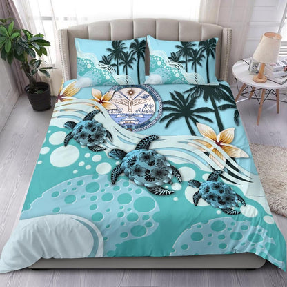 Polynesian Duvet Cover Set - Marshall Islands Bedding Set Blue Turtle Hibiscus