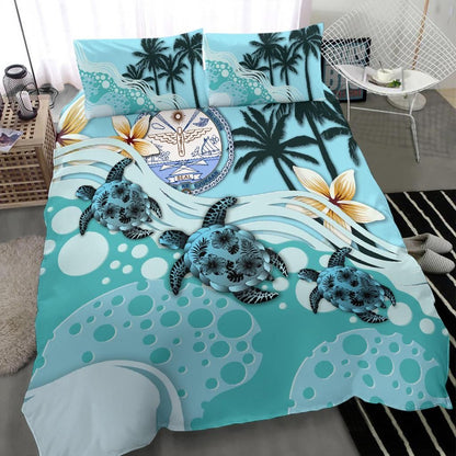 Polynesian Duvet Cover Set - Marshall Islands Bedding Set Blue Turtle Hibiscus