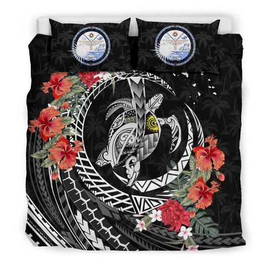 Polynesian Duvet Cover Set - Marshall Islands Bedding Set Polynesia Map Turtle Hibiscus