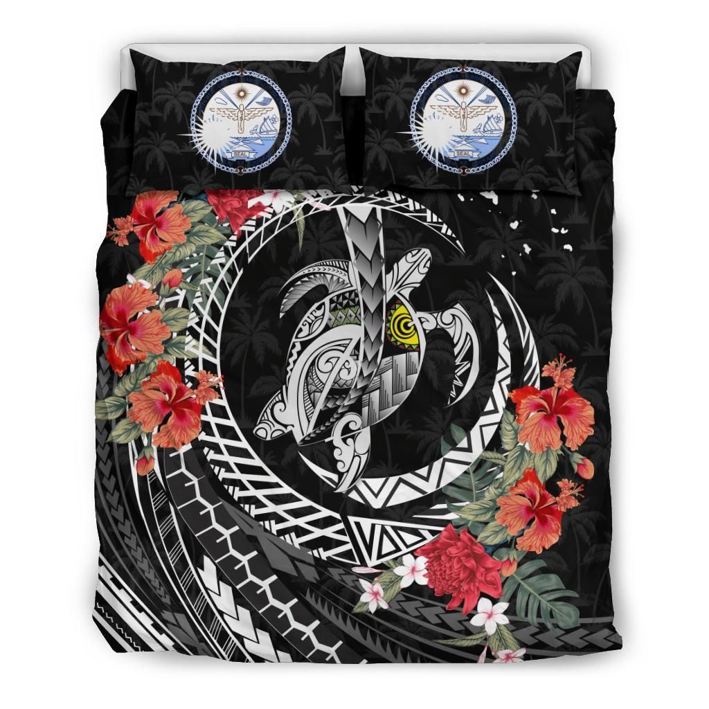 Polynesian Duvet Cover Set - Marshall Islands Bedding Set Polynesia Map Turtle Hibiscus