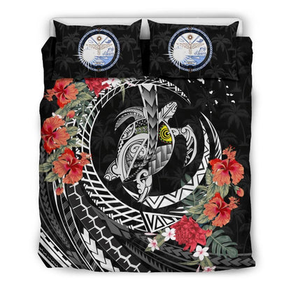 Polynesian Duvet Cover Set - Marshall Islands Bedding Set Polynesia Map Turtle Hibiscus