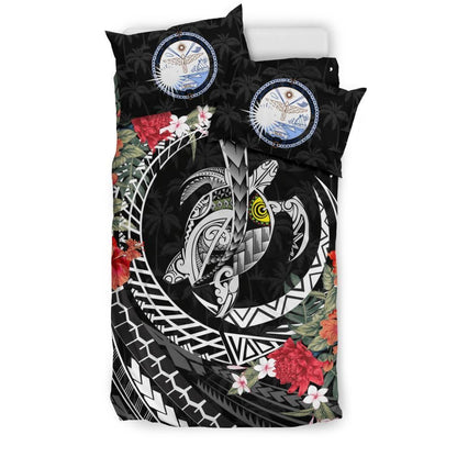Polynesian Duvet Cover Set - Marshall Islands Bedding Set Polynesia Map Turtle Hibiscus