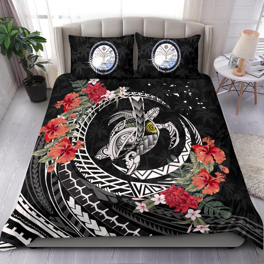 Polynesian Duvet Cover Set - Marshall Islands Bedding Set Polynesia Map Turtle Hibiscus