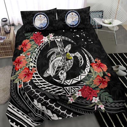 Polynesian Duvet Cover Set - Marshall Islands Bedding Set Polynesia Map Turtle Hibiscus
