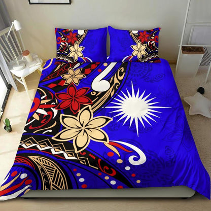 Marshall Islands Bedding Set - Tribal Flower With Special Turtles Blue Color