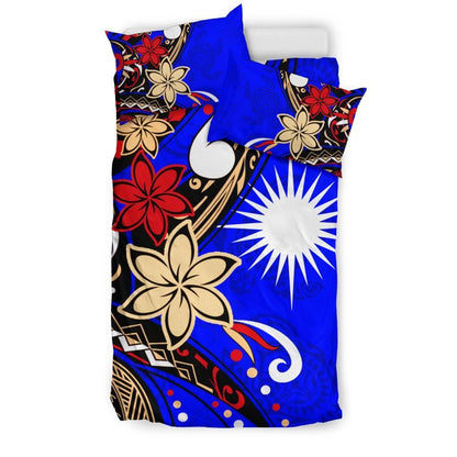 Marshall Islands Bedding Set - Tribal Flower With Special Turtles Blue Color