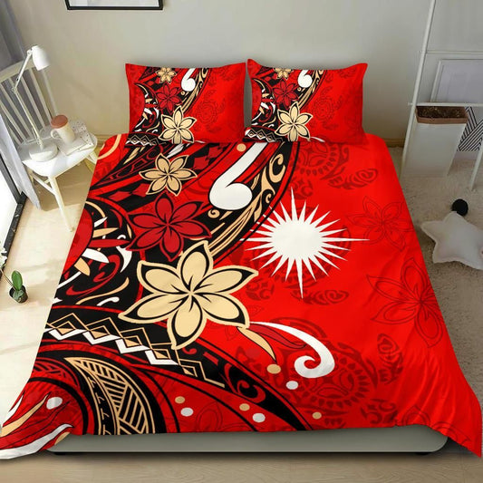 Marshall Islands Bedding Set - Tribal Flower With Special Turtles Red Color
