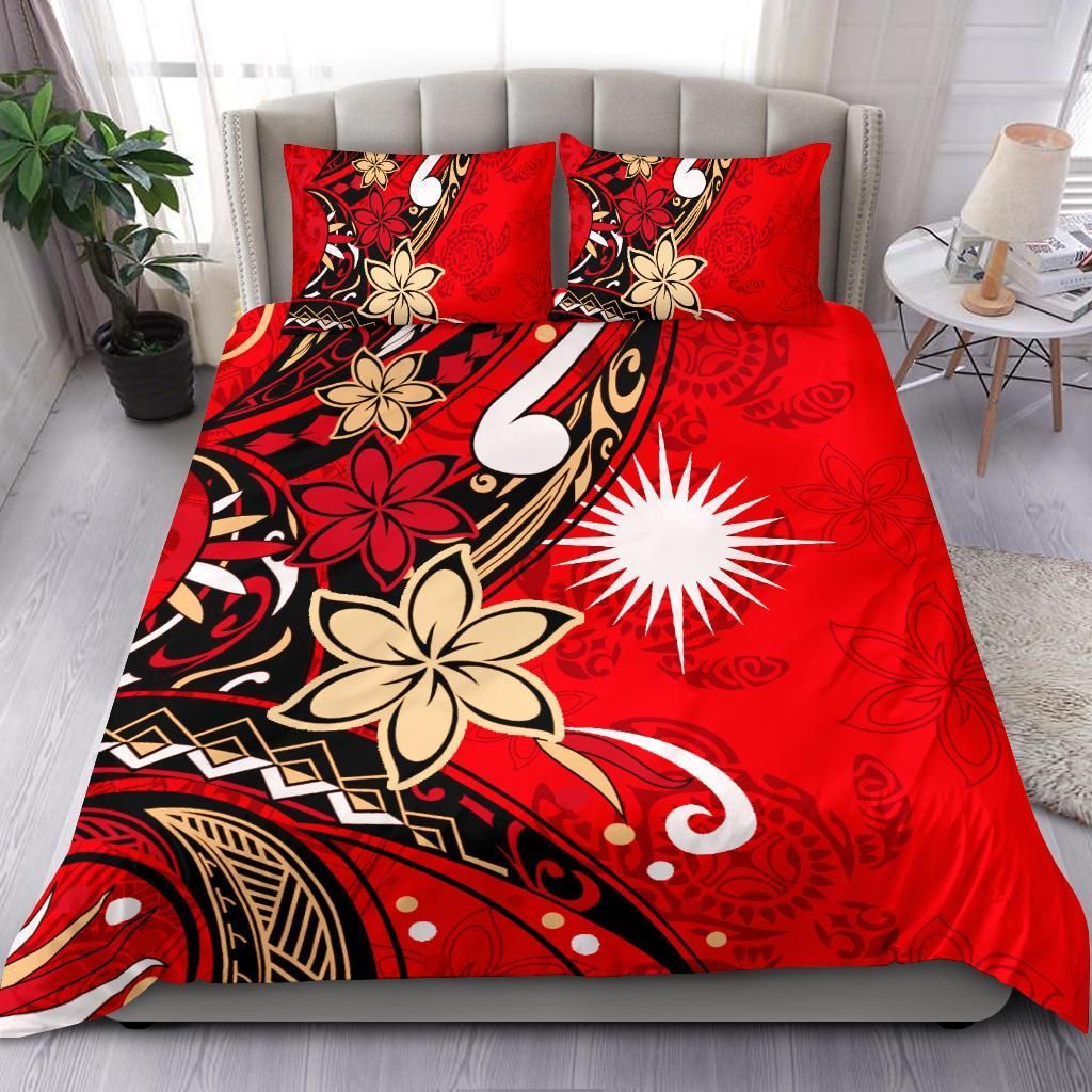 Marshall Islands Bedding Set - Tribal Flower With Special Turtles Red Color