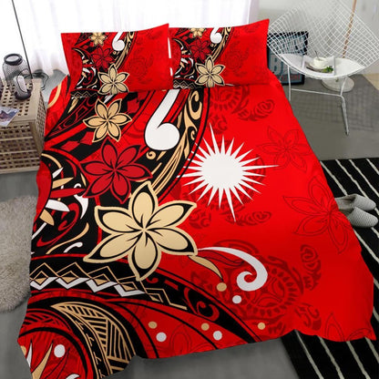 Marshall Islands Bedding Set - Tribal Flower With Special Turtles Red Color