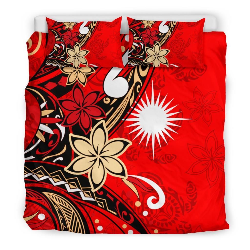 Marshall Islands Bedding Set - Tribal Flower With Special Turtles Red Color