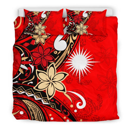 Marshall Islands Bedding Set - Tribal Flower With Special Turtles Red Color