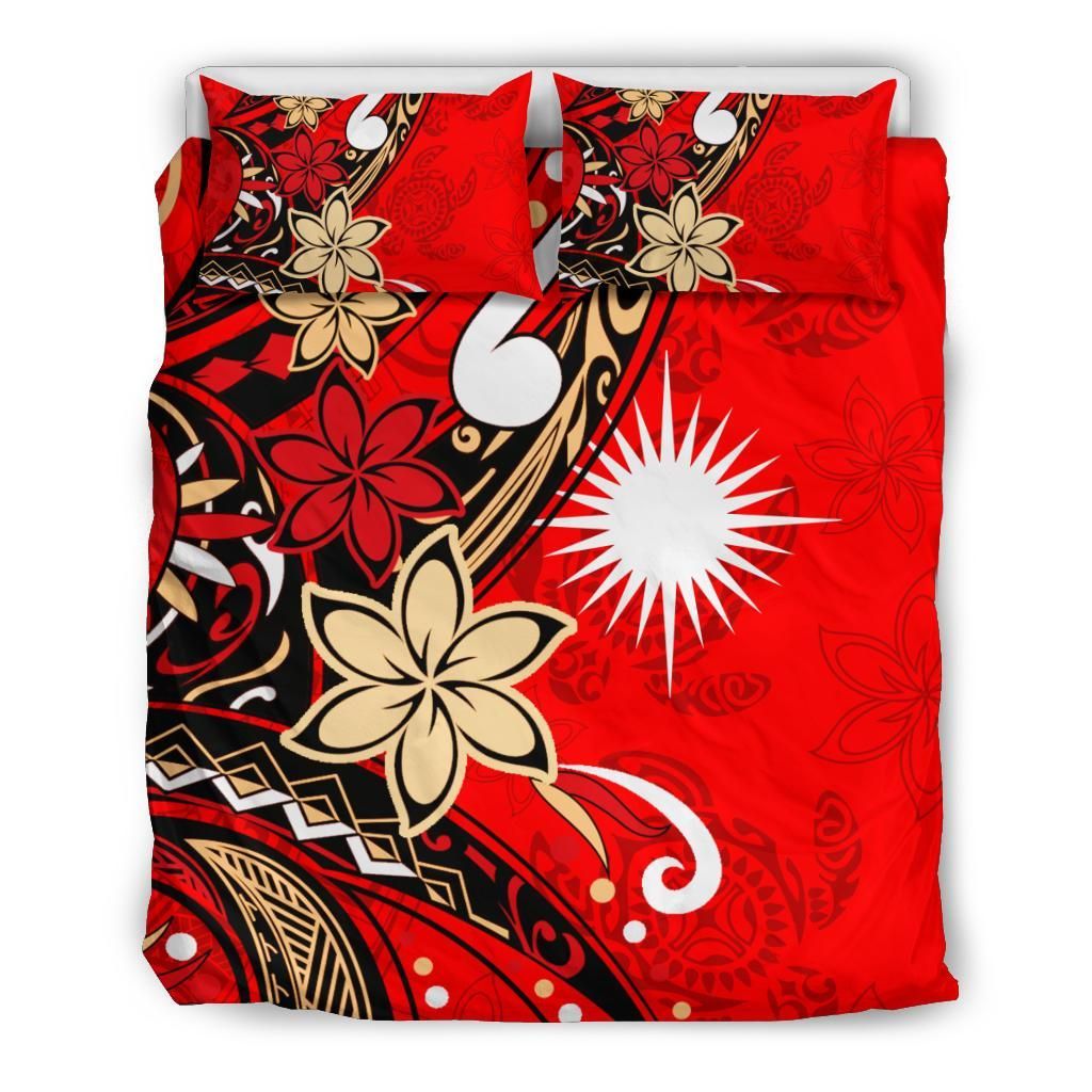 Marshall Islands Bedding Set - Tribal Flower With Special Turtles Red Color