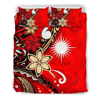 Marshall Islands Bedding Set - Tribal Flower With Special Turtles Red Color
