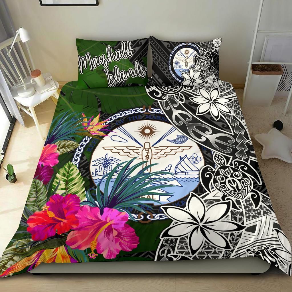 Marshall Islands Bedding Set - Turtle Plumeria Banana Leaf Crest