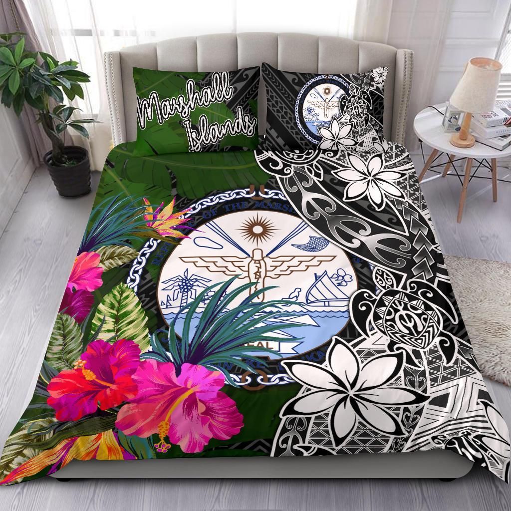 Marshall Islands Bedding Set - Turtle Plumeria Banana Leaf Crest