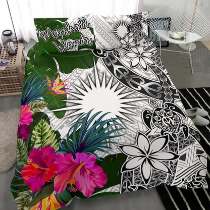Marshall Islands Bedding Set White - Turtle Plumeria Banana Leaf