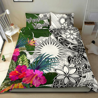 Marshall Islands Bedding Set White - Turtle Plumeria Banana Leaf