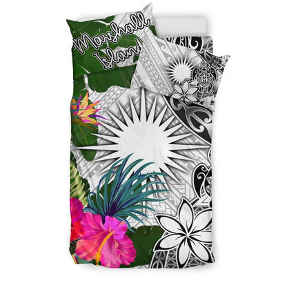 Marshall Islands Bedding Set White - Turtle Plumeria Banana Leaf