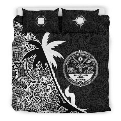 Marshall Islands Duvet Cover Set - Marshall Islands Coat Of Arms & Coconut Tree Black White