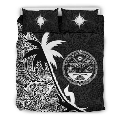 Marshall Islands Duvet Cover Set - Marshall Islands Coat Of Arms & Coconut Tree Black White
