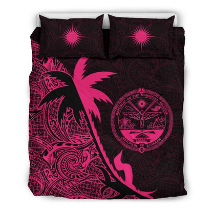Marshall Islands Duvet Cover Set - Marshall Islands Coat Of Arms & Coconut Tree Pink