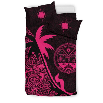 Marshall Islands Duvet Cover Set - Marshall Islands Coat Of Arms & Coconut Tree Pink
