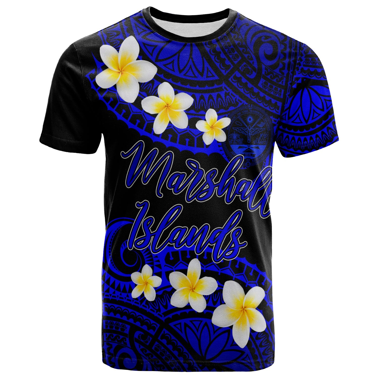 Marshall Islands Crest Custom Personalised T-Shirt - Plumeria Polynesian Vibe Blue