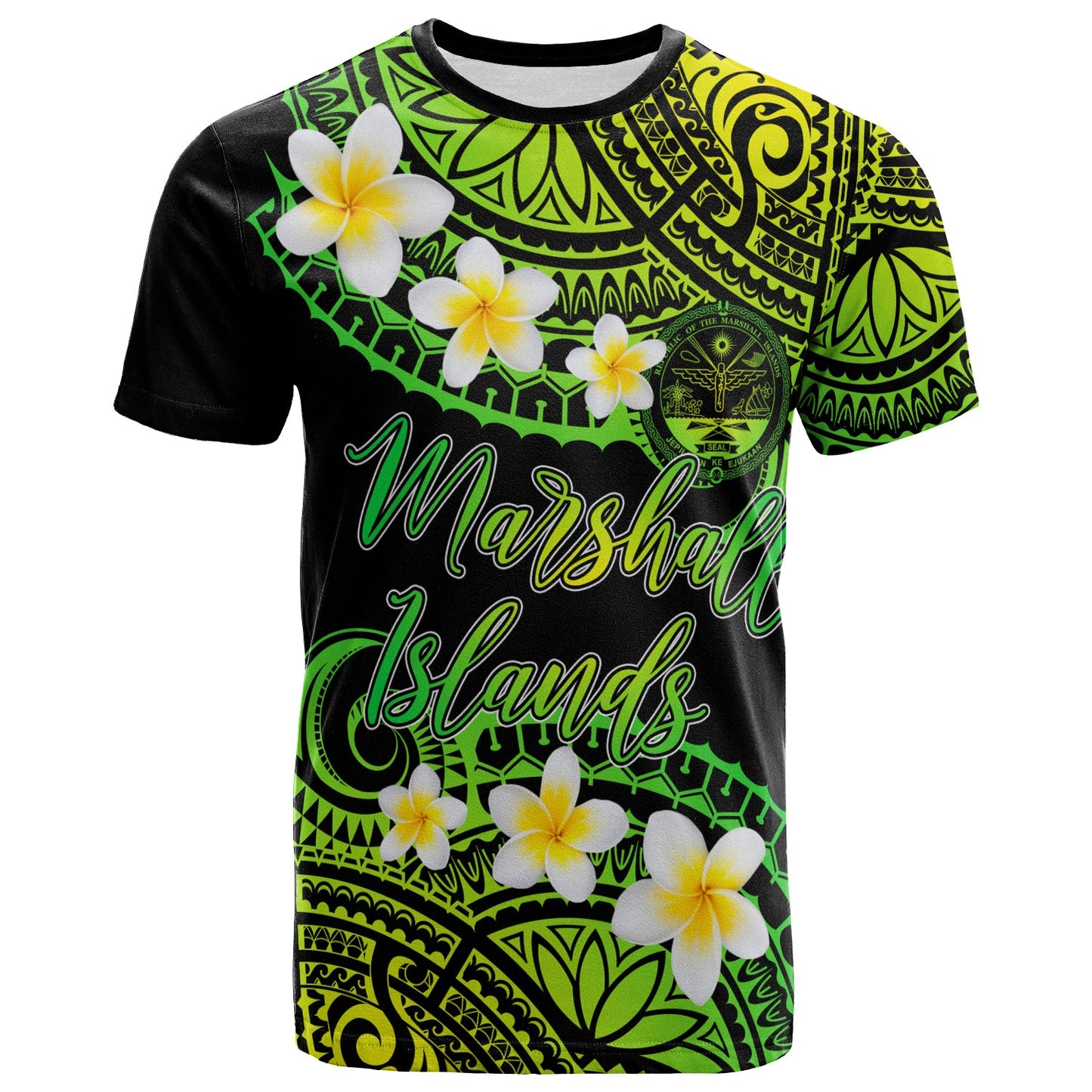 Marshall Islands Crest Custom Personalised T-Shirt - Plumeria Polynesian Vibe Green