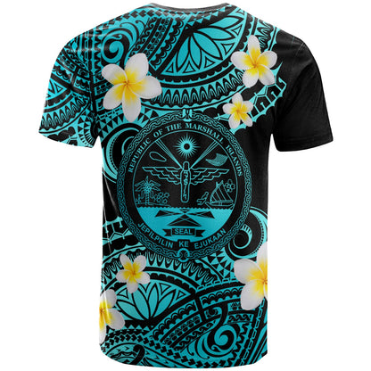 Marshall Islands Crest Custom Personalised T-Shirt - Plumeria Polynesian Vibe Turquoise