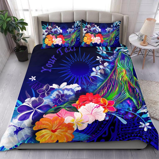 Marshall Islands Custom Personalised Bedding Set - Humpback Whale With Tropical Flowers (Blue)