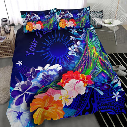 Marshall Islands Custom Personalised Bedding Set - Humpback Whale With Tropical Flowers (Blue)