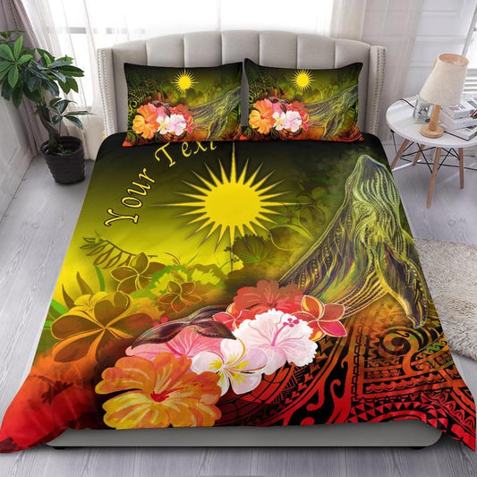 Marshall Islands Custom Personalised Bedding Set - Humpback Whale With Tropical Flowers (Yellow)