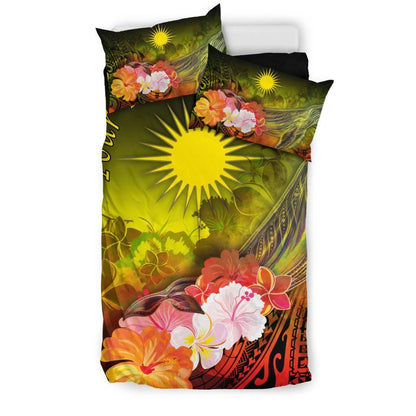 Marshall Islands Custom Personalised Bedding Set - Humpback Whale With Tropical Flowers (Yellow)