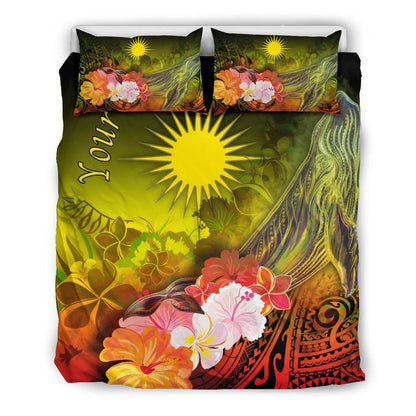 Marshall Islands Custom Personalised Bedding Set - Humpback Whale With Tropical Flowers (Yellow)