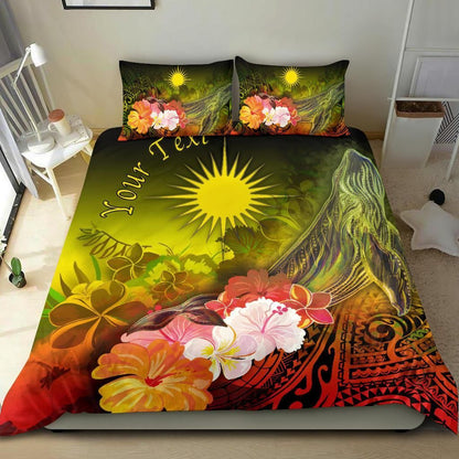 Marshall Islands Custom Personalised Bedding Set - Humpback Whale With Tropical Flowers (Yellow)