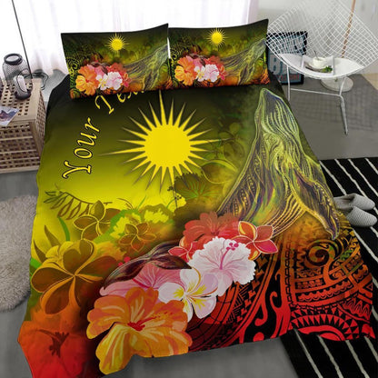 Marshall Islands Custom Personalised Bedding Set - Humpback Whale With Tropical Flowers (Yellow)