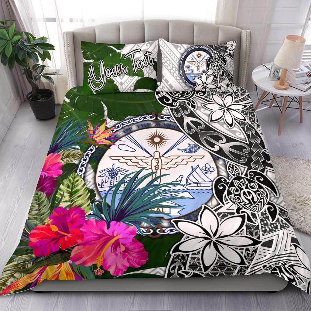 Marshall Islands Custom Personalised Bedding Set White - Turtle Plumeria Banana Leaf Crest