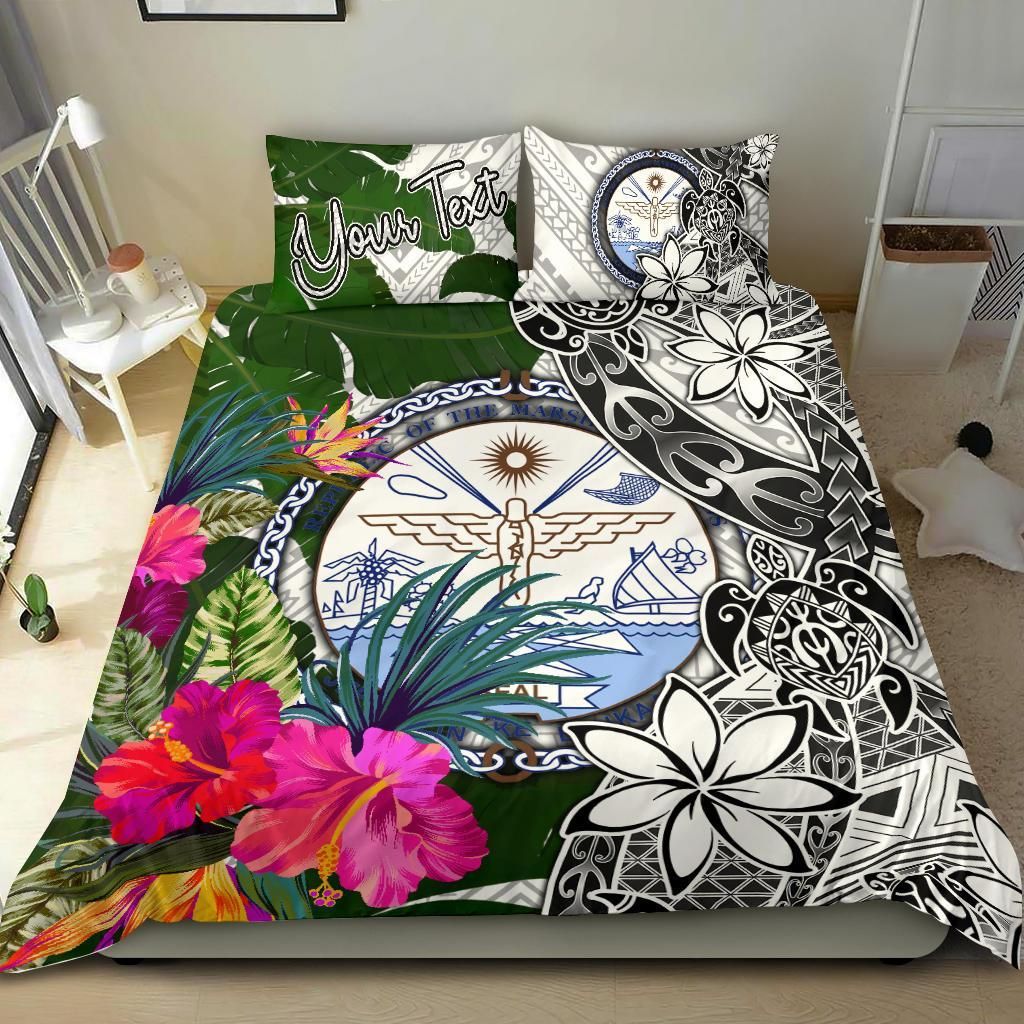 Marshall Islands Custom Personalised Bedding Set White - Turtle Plumeria Banana Leaf Crest