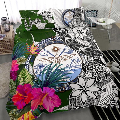 Marshall Islands Custom Personalised Bedding Set White - Turtle Plumeria Banana Leaf Crest