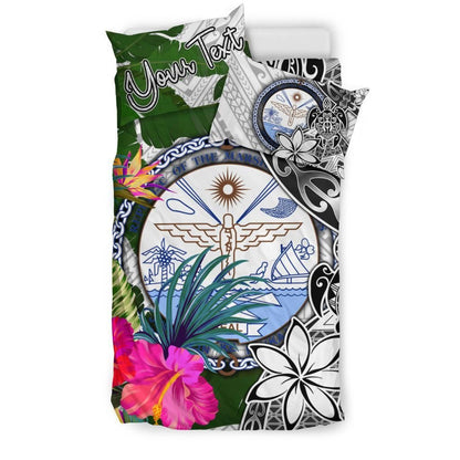 Marshall Islands Custom Personalised Bedding Set White - Turtle Plumeria Banana Leaf Crest