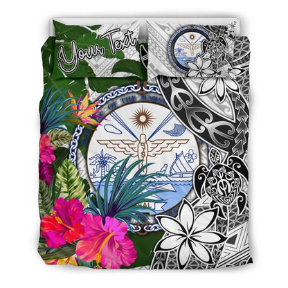 Marshall Islands Custom Personalised Bedding Set White - Turtle Plumeria Banana Leaf Crest