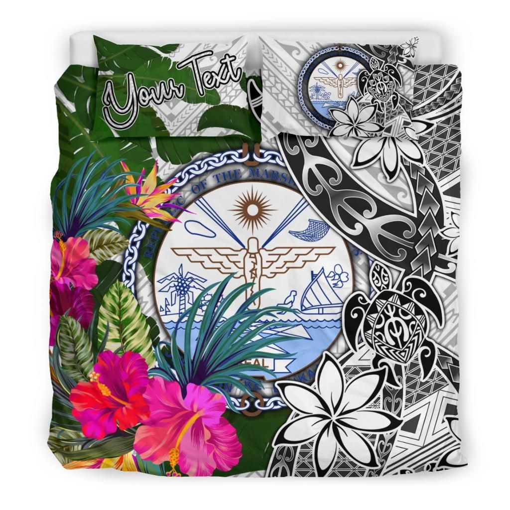 Marshall Islands Custom Personalised Bedding Set White - Turtle Plumeria Banana Leaf Crest