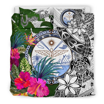 Marshall Islands Custom Personalised Bedding Set White - Turtle Plumeria Banana Leaf Crest